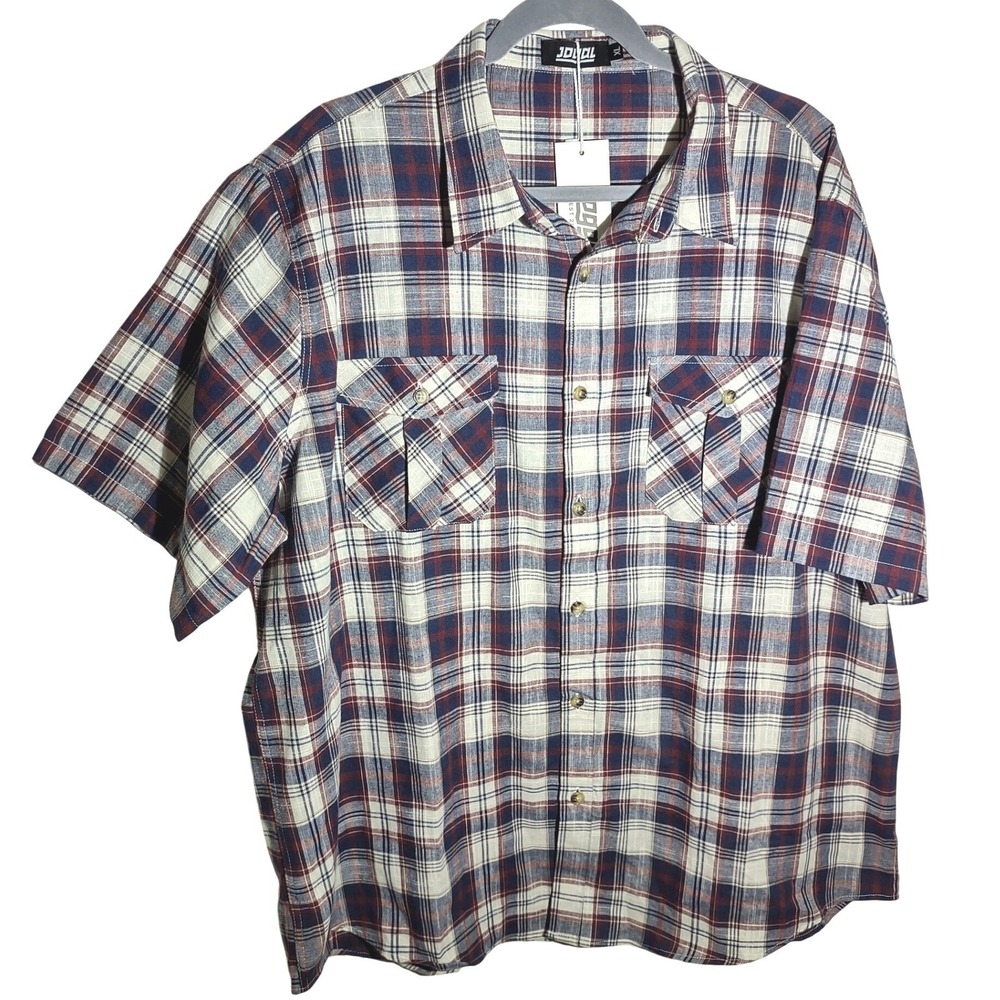 Jogal Mens Plaid Short Sleeve Button Up Shirt XL Blue Red White Casual